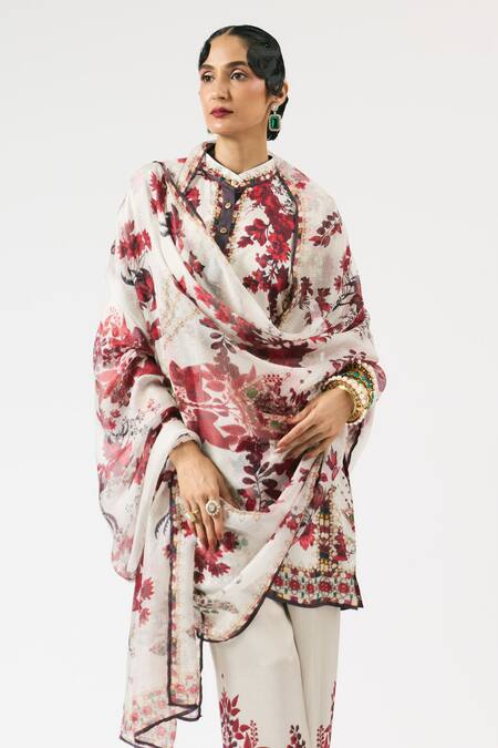 Shop_Rajdeep Ranawat_Ivory Silk, Modal Crystals, Ghazala Flower Print Short Kurta With Pant _Online_at_Aza_Fashions