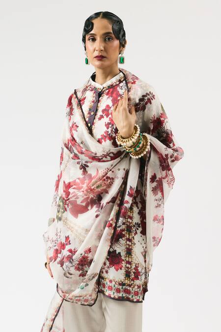 Rajdeep Ranawat_Ivory Silk, Modal Crystals, Ghazala Flower Print Short Kurta With Pant _at_Aza_Fashions