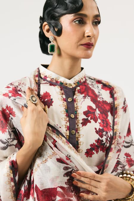 Buy_Rajdeep Ranawat_Ivory Silk, Modal Crystals, Ghazala Flower Print Short Kurta With Pant 