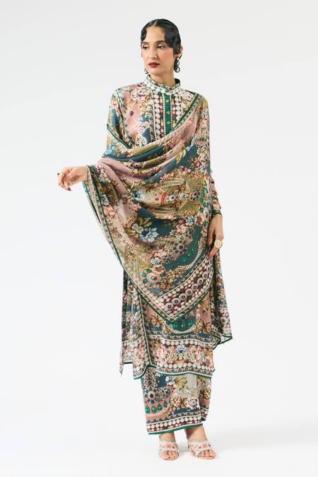 Buy_Rajdeep Ranawat_Grey Silk, Modal Pearls, Embroidery Ghazala Flower Print Tunic With Pant _Online_at_Aza_Fashions