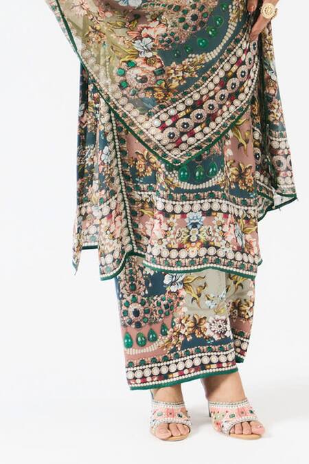 Shop_Rajdeep Ranawat_Grey Silk, Modal Pearls, Embroidery Ghazala Flower Print Tunic With Pant _Online_at_Aza_Fashions