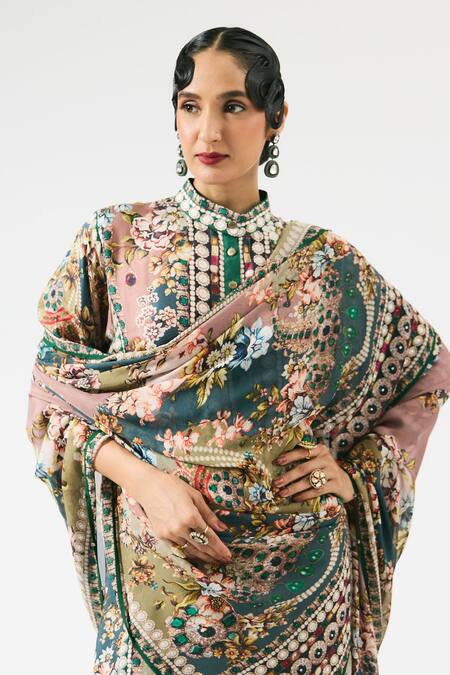 Rajdeep Ranawat_Grey Silk, Modal Pearls, Embroidery Ghazala Flower Print Tunic With Pant _at_Aza_Fashions