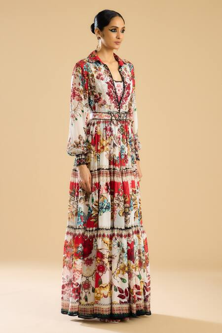 Rajdeep Ranawat Ivory Fabric Flowers Fleur Print Embellished Belt Online at Aza Fashions Rajdeep Ranawat_Ivory Fabric Flowers Fleur Print Embellished Belt _Online_at_Aza_Fashions