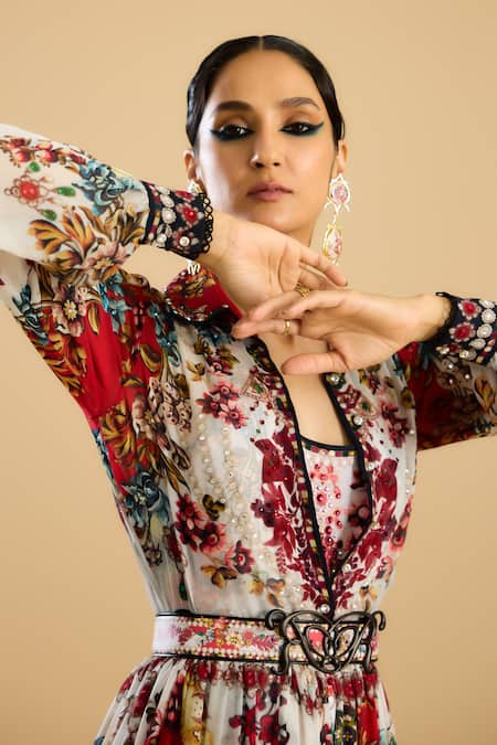 Rajdeep Ranawat Ivory Fabric Flowers Fleur Print Embellished Belt at Aza Fashions Rajdeep Ranawat_Ivory Fabric Flowers Fleur Print Embellished Belt _at_Aza_Fashions