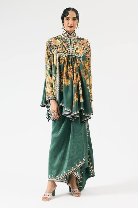 Rajdeep Ranawat_Green Silk Beads, Pearls Collared Mahirah Floral Print Embroidered Yoke Tunic _at_Aza_Fashions