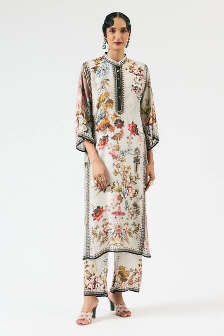 Rajdeep Ranawat Grey Silk Embroidery Bandeau Neck Ghazala Floral Print Kurta at Aza Fashions Rajdeep Ranawat_Grey Silk Embroidery Bandeau Neck Ghazala Floral Print Kurta _at_Aza_Fashions