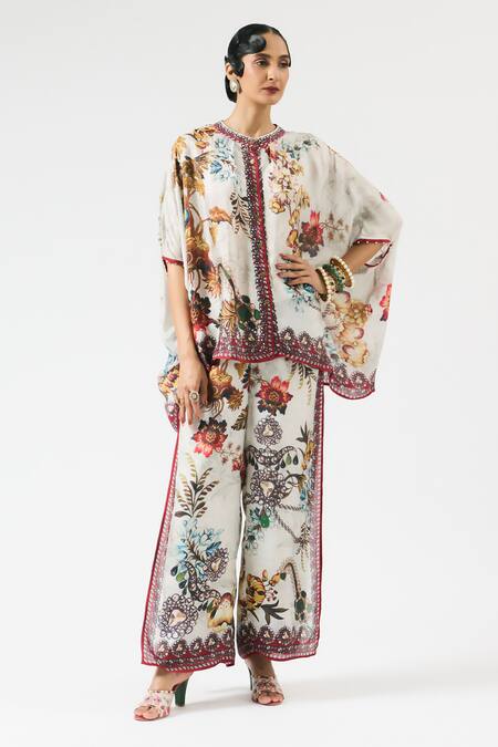 Rajdeep Ranawat_Grey Silk Embroidery Bandeau Neck Hanan Printed Short Tunic _at_Aza_Fashions