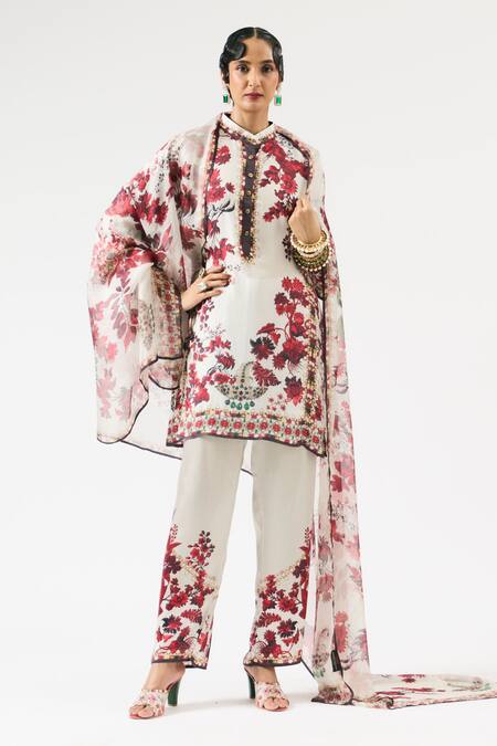 Buy_Rajdeep Ranawat_Ivory Silk Embroidery Mandarin Collar Ghazal Floral Print Tunic 