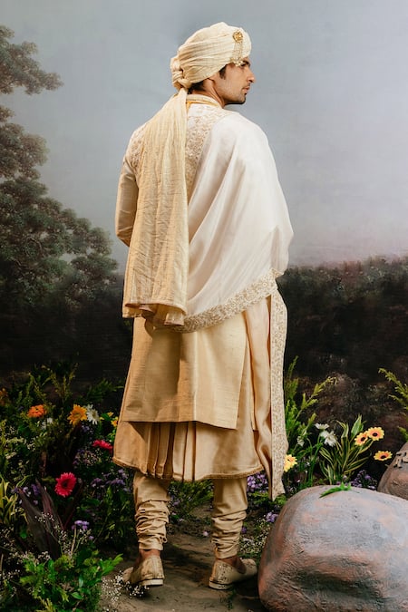 Shop_Yajy By Aditya Jain_Ivory Silk Embroidery Vishrava Ombre Sherwani Set _at_Aza_Fashions
