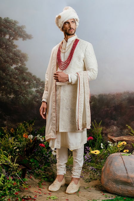 Shop Yajy By Aditya Jain Ivory Silk Embroidery Trishira Sherwani Set at Aza Fashions Shop_Yajy By Aditya Jain_Ivory Silk Embroidery Trishira Sherwani Set _at_Aza_Fashions