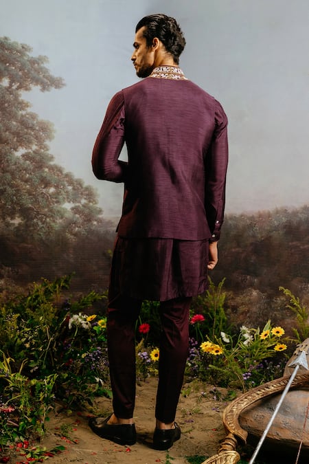 Shop Yajy By Aditya Jain Purple Silk Embroidery, Sequins Sampati Jacket And Kurta Set at Aza Fashions Shop_Yajy By Aditya Jain_Purple Silk Embroidery, Sequins Sampati Jacket And Kurta Set _at_Aza_Fashions