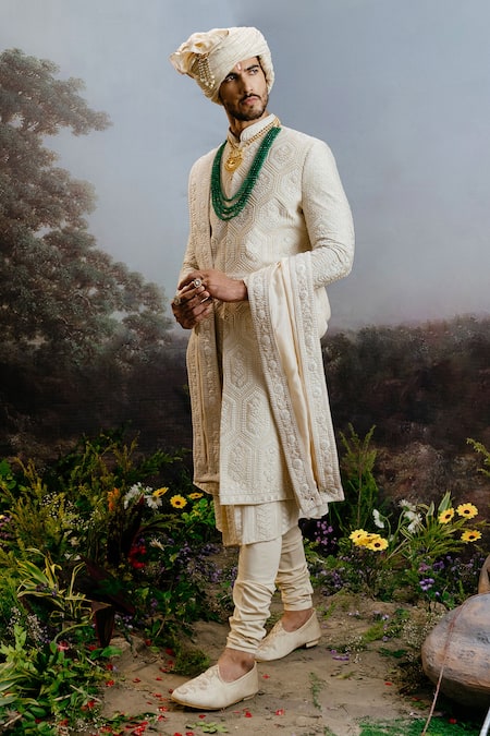 Shop Yajy By Aditya Jain Ivory Silk Embroidery Kusha Geometric Motif Sherwani Set at Aza Fashions Shop_Yajy By Aditya Jain_Ivory Silk Embroidery Kusha Geometric Motif Sherwani Set _at_Aza_Fashions