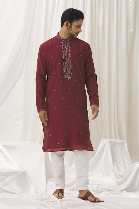 Buy Aariyana Couture Maroon Silk, Cotton, Polyester Zari, Embroidery Foliage Vine Kurta With Pant Online at Aza Fashions Buy_Aariyana Couture_Maroon Silk, Cotton, Polyester Zari, Embroidery Foliage Vine Kurta With Pant _Online_at_Aza_Fashions