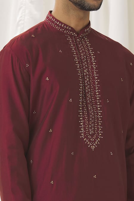 Aariyana Couture Maroon Silk, Cotton, Polyester Zari, Embroidery Foliage Vine Kurta With Pant at Aza Fashions Aariyana Couture_Maroon Silk, Cotton, Polyester Zari, Embroidery Foliage Vine Kurta With Pant _at_Aza_Fashions