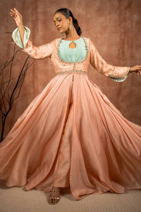 Shreeka_Peach Chanderi, Satin, Silk Organza Dabka Embroidered Slit Anarkali Pant Set _Online_at_Aza_Fashions