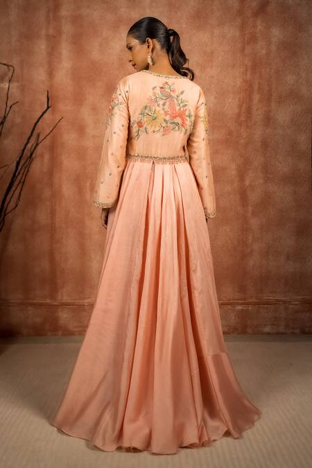 Buy_Shreeka_Peach Chanderi, Satin, Silk Organza Dabka Embroidered Slit Anarkali Pant Set _Online_at_Aza_Fashions