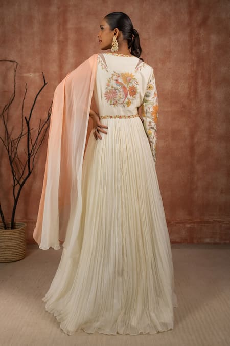 Shop_Shreeka_Off White Chanderi, Georgette, Linen Pearls, Floral Embroidered Draped Anarkali _at_Aza_Fashions