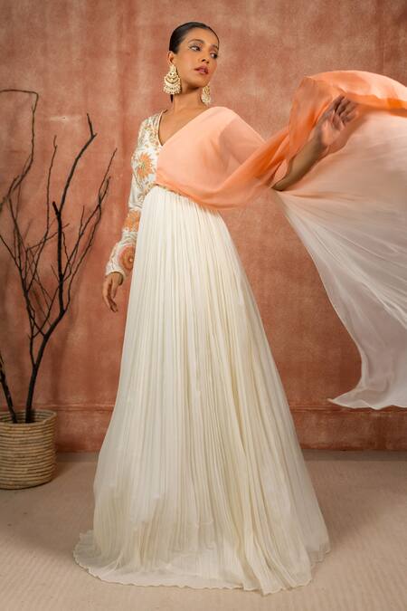 Shreeka_Off White Chanderi, Georgette, Linen Pearls, Floral Embroidered Draped Anarkali _Online_at_Aza_Fashions