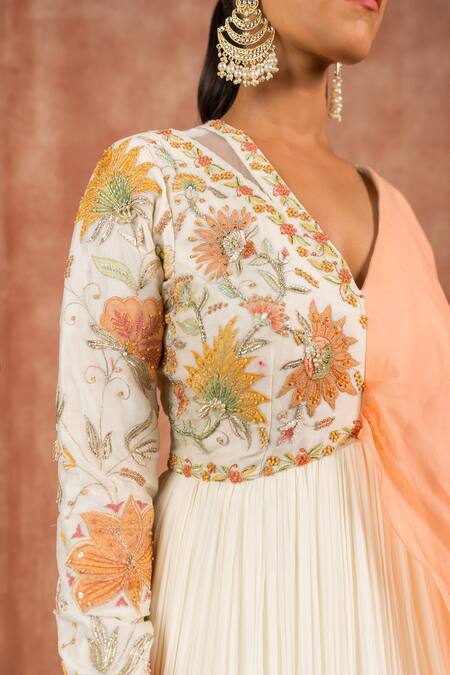 Buy_Shreeka_Off White Chanderi, Georgette, Linen Pearls, Floral Embroidered Draped Anarkali _Online_at_Aza_Fashions