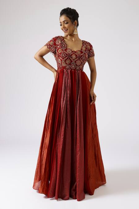 Shreeka_Red Georgette, Floral Vine Dabka Embroidered Gradient Anarkali Sharara Set _Online_at_Aza_Fashions