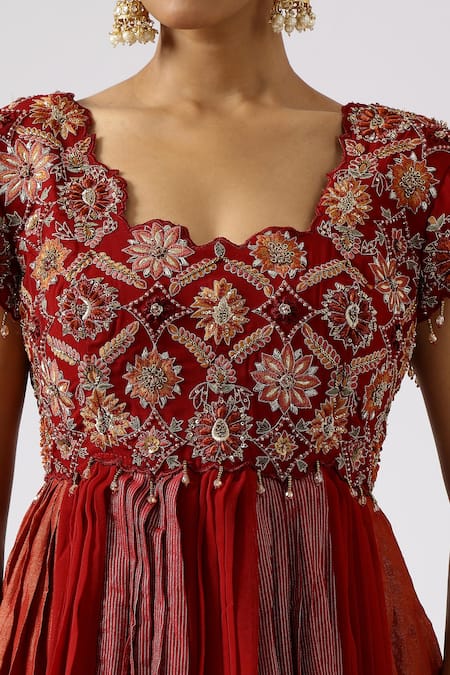 Buy_Shreeka_Red Georgette, Floral Vine Dabka Embroidered Gradient Anarkali Sharara Set _Online_at_Aza_Fashions