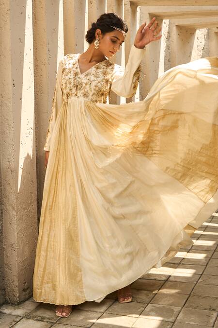 Buy_Shreeka_Ivory Silk, Net, Chanderi, Lycra, Tissue Zardozi Gradient Anarkali With Dupatta _Online_at_Aza_Fashions