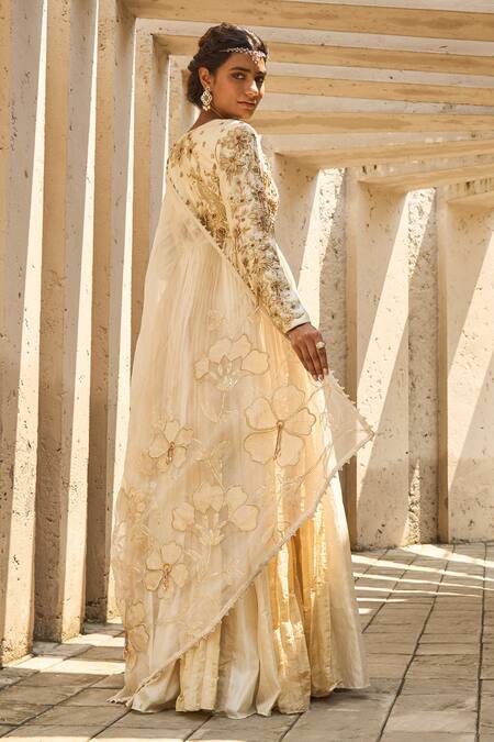Shop_Shreeka_Ivory Silk, Net, Chanderi, Lycra, Tissue Zardozi Gradient Anarkali With Dupatta _Online_at_Aza_Fashions