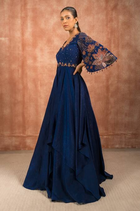 Shreeka Blue Georgette Sequins, Crystals V-neck Floral Dabka Embroidered Asymmetric Gown Online at Aza Fashions Shreeka_Blue Georgette Sequins, Crystals V-neck Floral Dabka Embroidered Asymmetric Gown _Online_at_Aza_Fashions