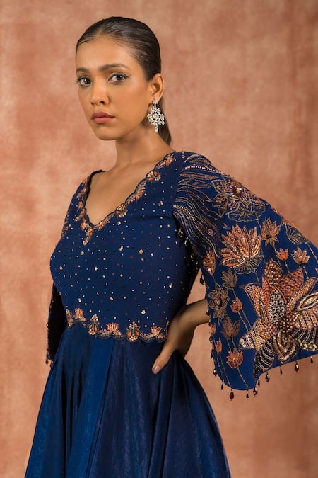 Buy Shreeka Blue Georgette Sequins, Crystals V-neck Floral Dabka Embroidered Asymmetric Gown Online at Aza Fashions Buy_Shreeka_Blue Georgette Sequins, Crystals V-neck Floral Dabka Embroidered Asymmetric Gown _Online_at_Aza_Fashions