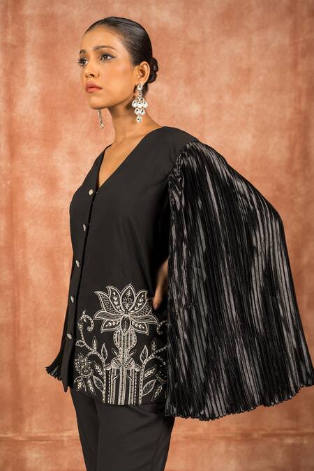 Buy_Shreeka_Black Satin Pearls, Sequins Lotus Applique Embellished Jacket With Boot-cut Pant _Online_at_Aza_Fashions