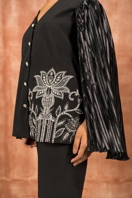 Shop_Shreeka_Black Satin Pearls, Sequins Lotus Applique Embellished Jacket With Boot-cut Pant _Online_at_Aza_Fashions