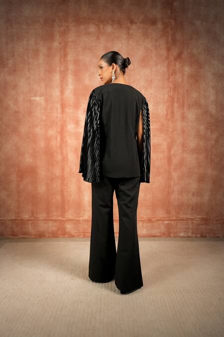 Shreeka_Black Satin Pearls, Sequins Lotus Applique Embellished Jacket With Boot-cut Pant _at_Aza_Fashions