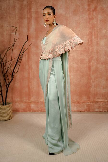 Buy_Shreeka_Pink Satin, Georgette, Silk Floral Applique Embroidered Cape Pant Saree Set _Online_at_Aza_Fashions