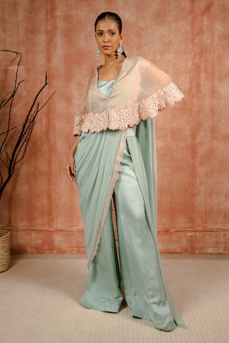Shop_Shreeka_Pink Satin, Georgette, Silk Floral Applique Embroidered Cape Pant Saree Set _Online_at_Aza_Fashions