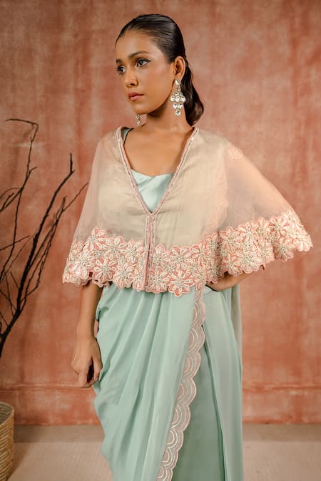 Shreeka_Pink Satin, Georgette, Silk Floral Applique Embroidered Cape Pant Saree Set _at_Aza_Fashions