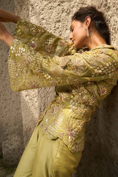 Shreeka_Green Organza, Chanderi Floral Geometric Embroidered Jacket With Flared Pant _Online_at_Aza_Fashions