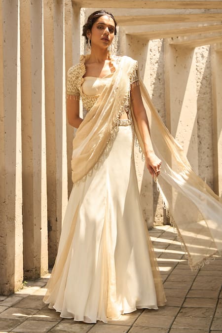 Shreeka_Ivory Georgette, Chanderi Zardozi Embroidered Godet Lehenga Saree With Blouse _Online_at_Aza_Fashions