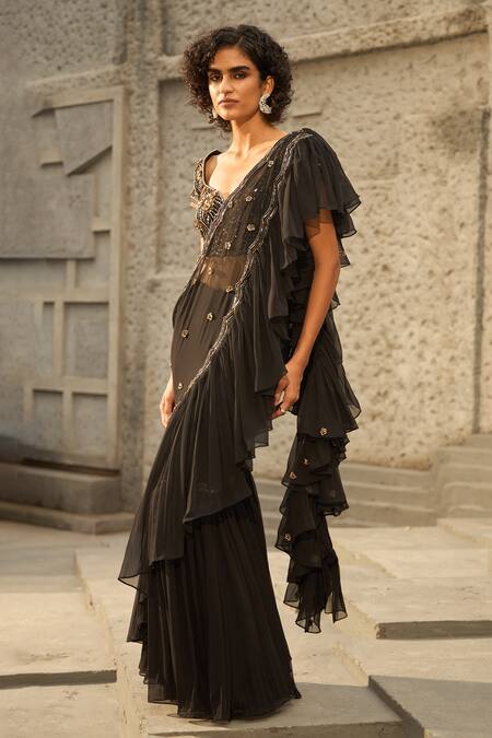 Buy_Shreeka_Black Georgette, Crepe Dabka Embroidered Pre-draped Ruffle Saree With Blouse _Online_at_Aza_Fashions