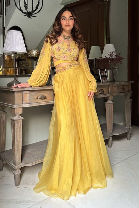 Shreeka Yellow Organza Embroidered Applique Floral Cut-out Blouse With Sharara 