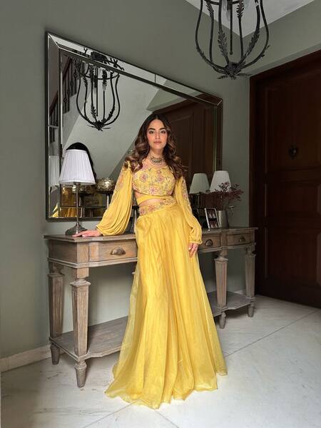 Shreeka_Yellow Organza, Linen Sequins, Applique, Floral Cut-out Blouse With Sharara _Online_at_Aza_Fashions