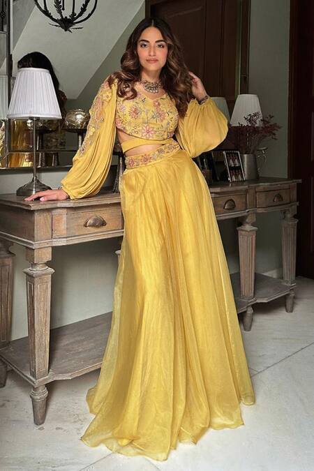 Buy_Shreeka_Yellow Organza, Linen Sequins, Applique, Floral Cut-out Blouse With Sharara _Online_at_Aza_Fashions