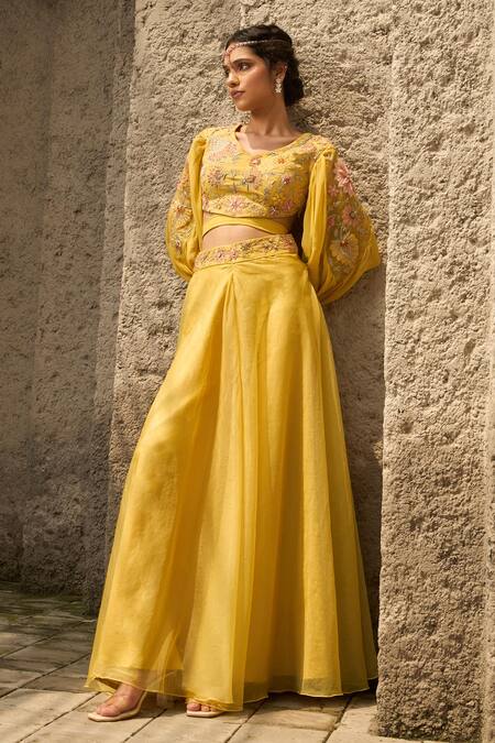 Shop_Shreeka_Yellow Organza, Linen Sequins, Applique, Floral Cut-out Blouse With Sharara _Online_at_Aza_Fashions
