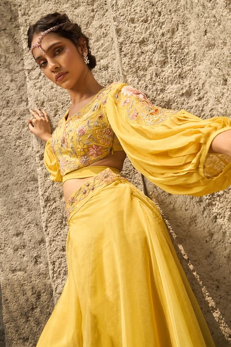 Shreeka_Yellow Organza, Linen Sequins, Applique, Floral Cut-out Blouse With Sharara _at_Aza_Fashions