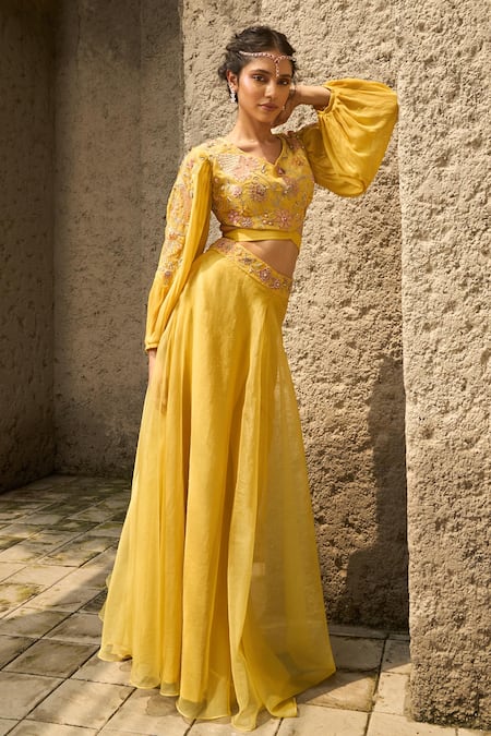 Buy_Shreeka_Yellow Organza, Linen Sequins, Applique, Floral Cut-out Blouse With Sharara 