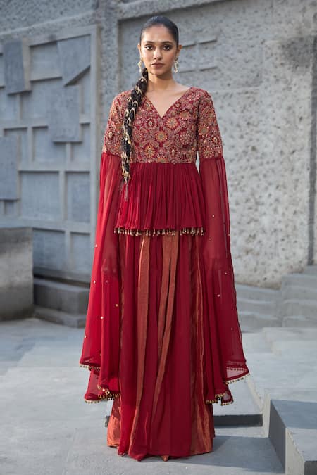 Shreeka Floral Applique Peplum Kurta With Sharara 