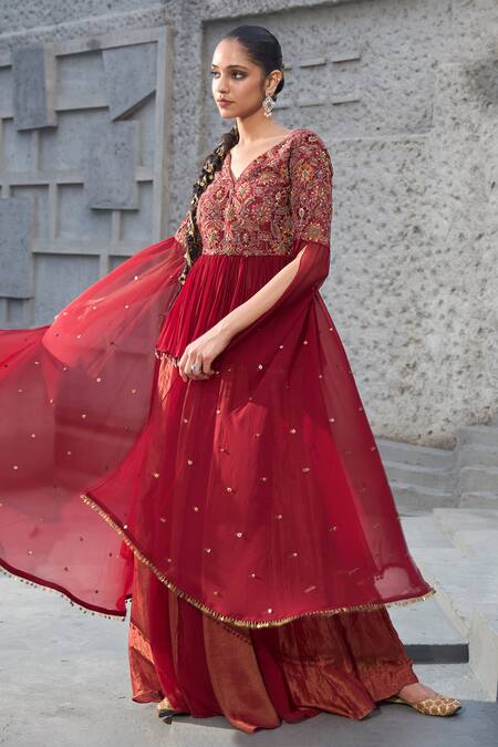 Buy Shreeka Red Georgette, Silk, Chanderi Sequins, Floral Applique Peplum Kurta With Sharara Online at Aza Fashions Buy_Shreeka_Red Georgette, Silk, Chanderi Sequins, Floral Applique Peplum Kurta With Sharara _Online_at_Aza_Fashions