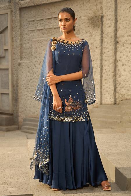 Shreeka_Blue Georgette, Silk Organza Sequins, 3d Floral Embellished Kurta Sharara Set _Online_at_Aza_Fashions