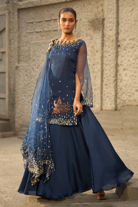Buy_Shreeka_Blue Georgette, Silk Organza Sequins, 3d Floral Embellished Kurta Sharara Set _Online_at_Aza_Fashions