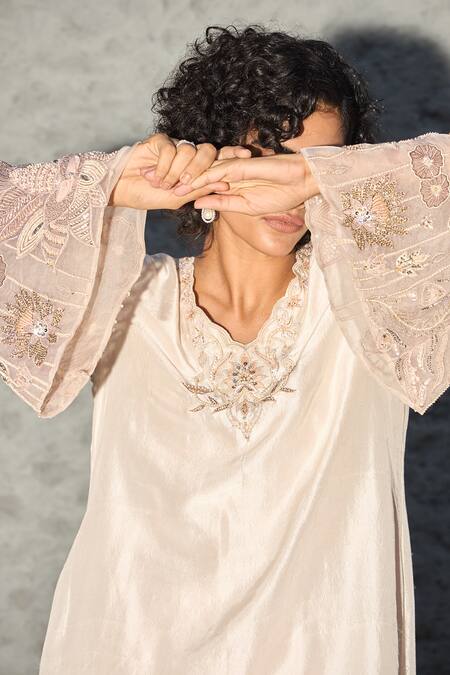 Shreeka_Ivory Organza, Silk, Linen Placed Embroidered Asymmetric Kaftan With Pant _Online_at_Aza_Fashions