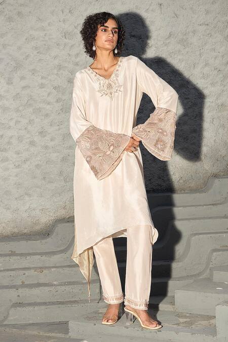Buy_Shreeka_Ivory Organza, Silk, Linen Placed Embroidered Asymmetric Kaftan With Pant _Online_at_Aza_Fashions